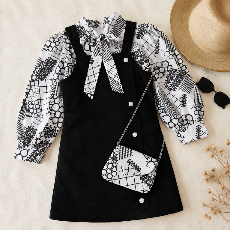 Black Pinafore Dress with Printed Bow Shirt & Matching Sling Bag | Stylish Kids Outfit