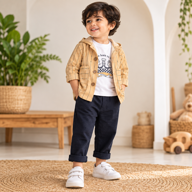 Mustard Hooded Jacket, T-Shirt & Navy Pants Set for Boys | Stylish Kids Outfit