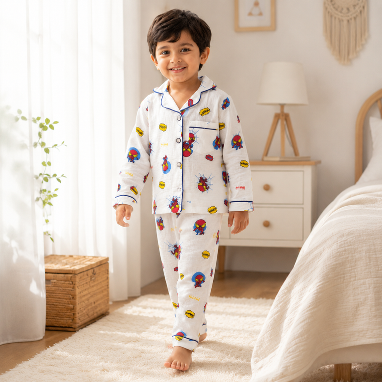 Spider-Man Print Cotton Night Suit Set with Full Sleeve Shirt &amp; Pyjama | White