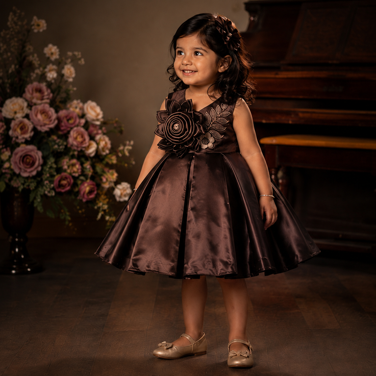 Chocolate Brown Satin Floral Party Dress