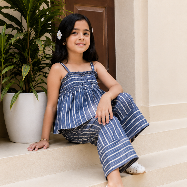 Girls Blue Striped Smocked Cami Top & Wide-Leg Palazzo Pants Co-Ord Set
