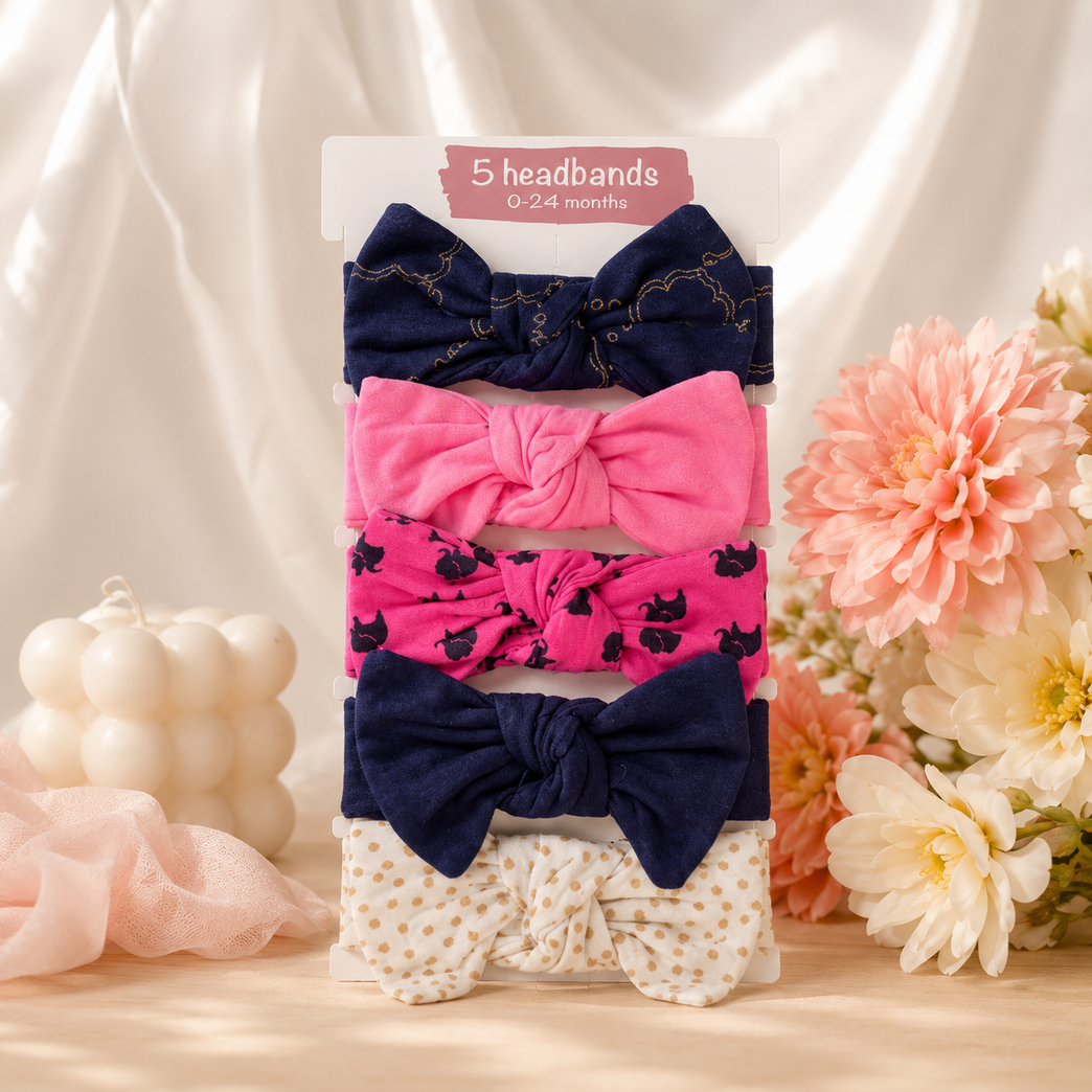 Baby Girl Bow Knot Headbands Set (Pack of 5) – Soft Stretchy Cotton Headwraps for Newborns & Infants