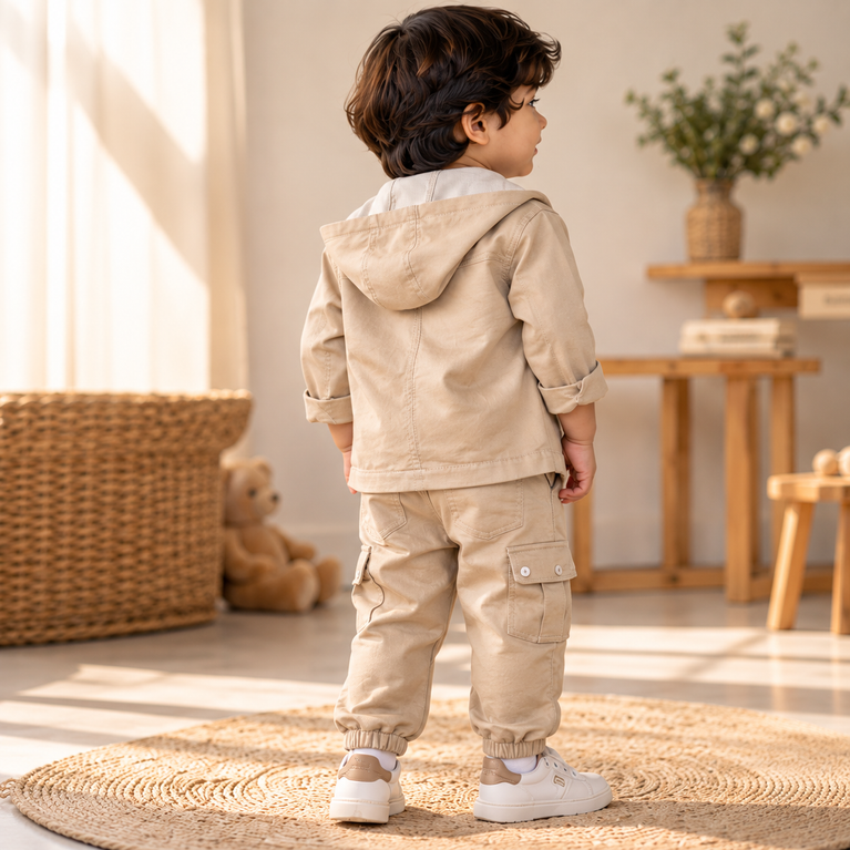 Beige Kids Cargo Jacket & Jogger Set | Stylish Casual Outfit for Boys