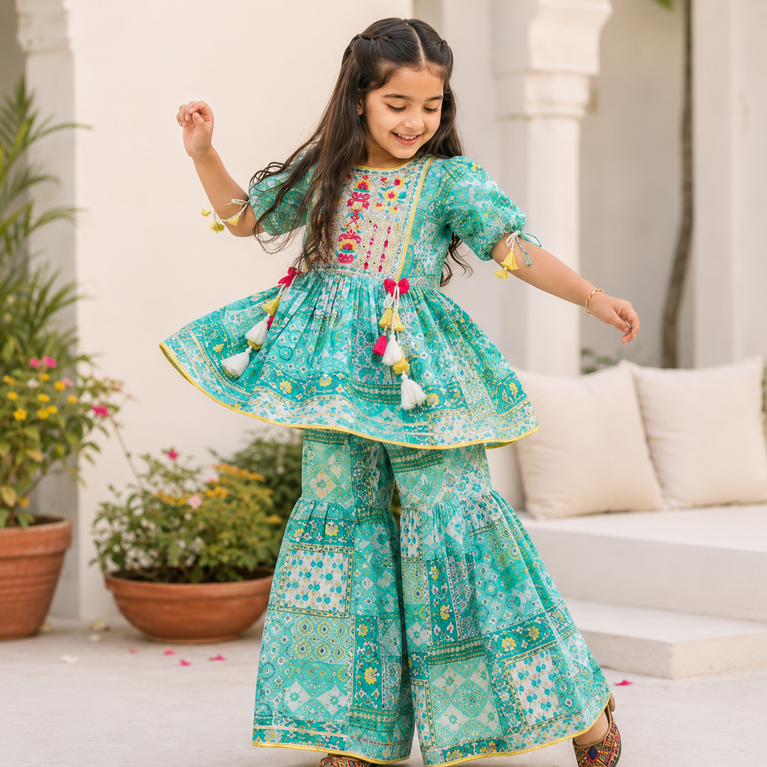 Krazy Girls Embroidery and Mirror work with Digital Print Peplum Top and Sharara Set