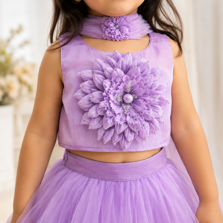 Lavender Floral Lehenga Choli Set with Layered Ruffle Skirt & Net Dupatta