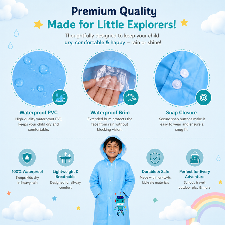 Kids Waterproof PVC Hooded Raincoat with Cute Robot Print | Lightweight Full-Sleeve Rain Wear for Boys & Girls