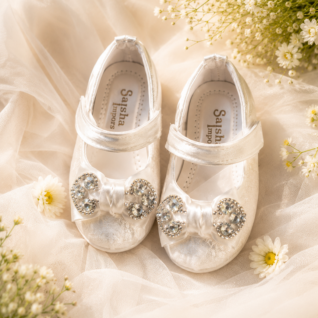Girls' Pearl White Party Ballet Flats with Rhinestone Bow &amp; Adjustable Strap
