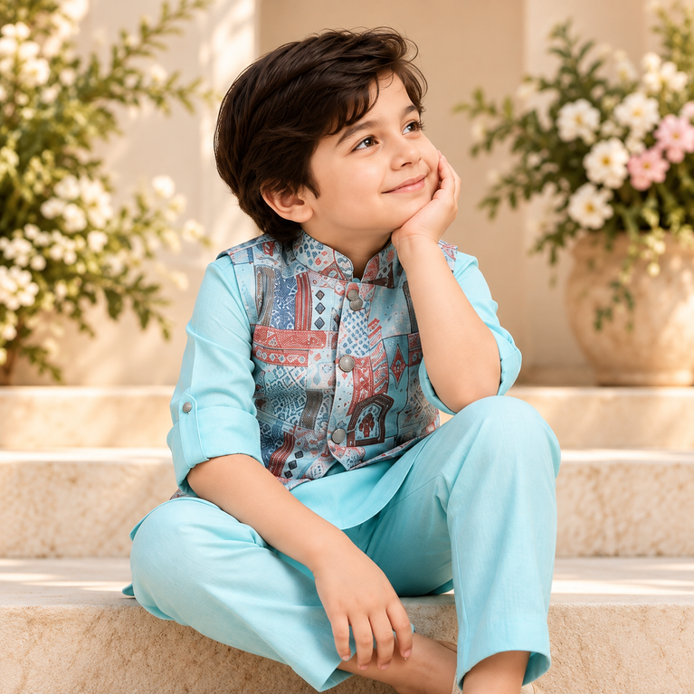 Boys Full Sleeves Solid Kurta Pyjama Set with Printed Jacket - Firozi