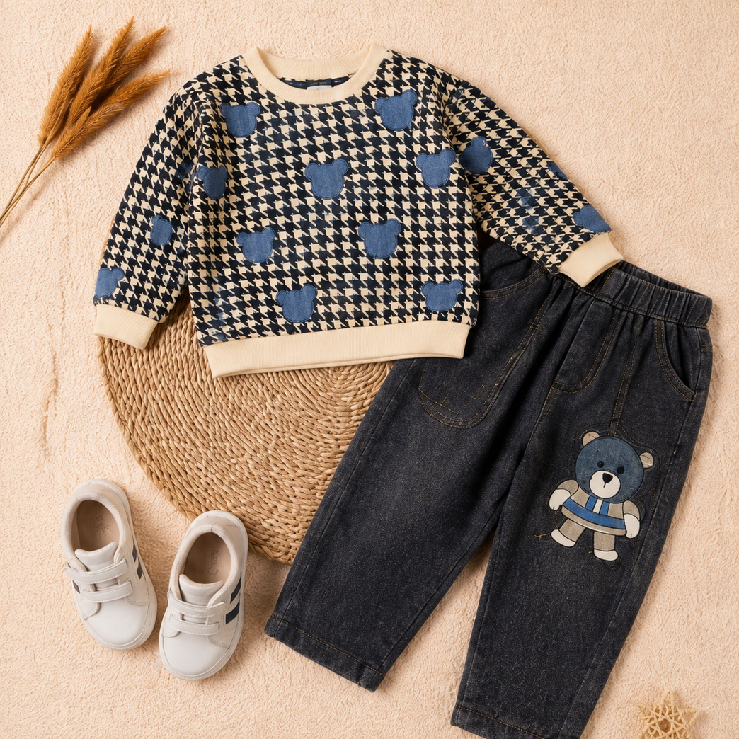 Bear Print Sweatshirt & Denim Jogger Set – Navy & Black