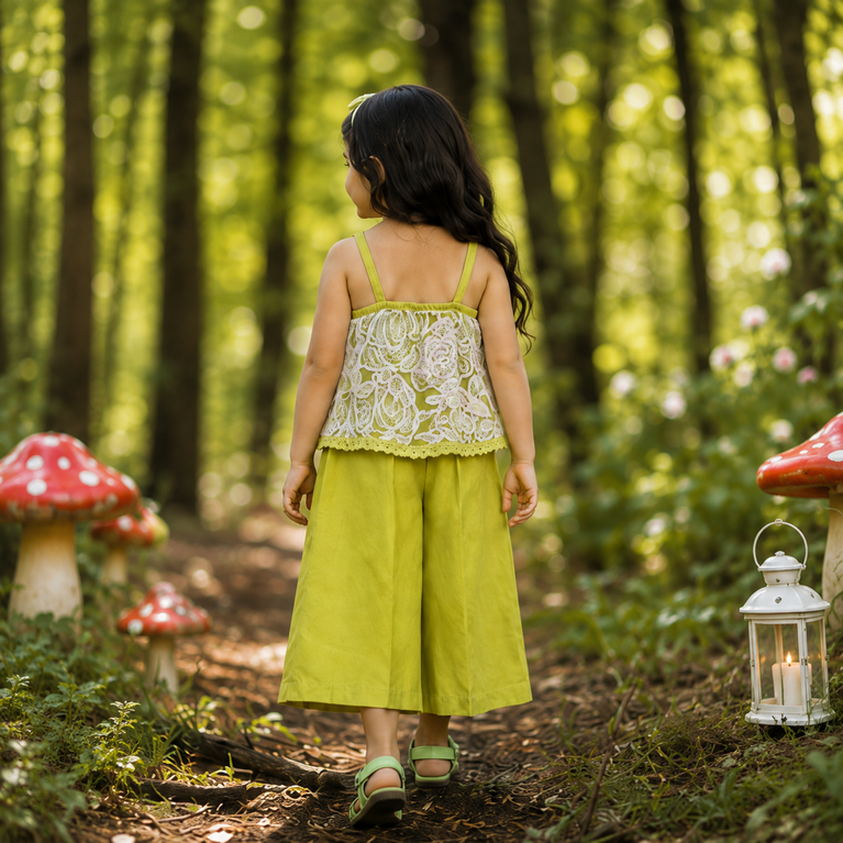 Lime Green Floral Lace Top & Wide-Leg Palazzo Set | Stylish Kids Party Wear