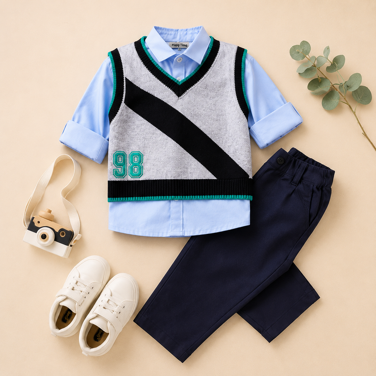 Boys Grey Sweater Vest Set with Shirt & Trousers