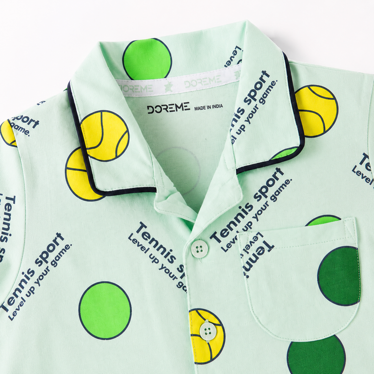 DOREME Kids Tennis Print Cotton Night Suit Set for Boys & Girls | Soft Half Sleeve Shirt & Pajama Co-ord Sleepwear | Mint Green