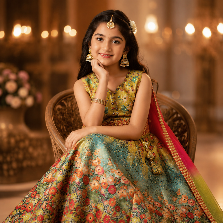 Girls Floral Printed Embroidered Lehenga Choli Set with Dupatta | Festive & Wedding Wear