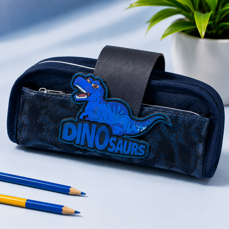 Dinosaur Pencil Case – Navy Blue Multi-Compartment Stationery Pouch