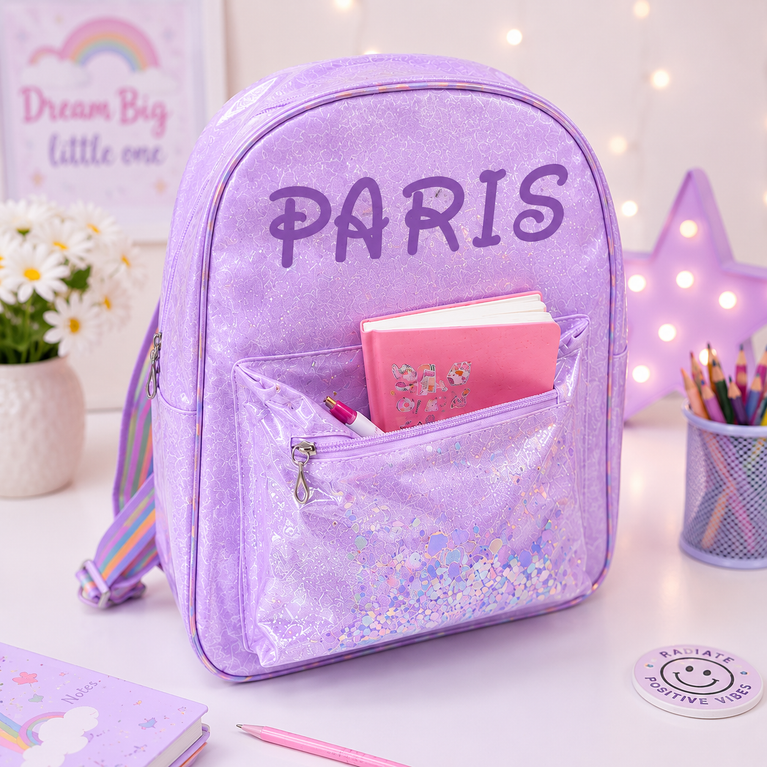 Girls Glitter Transparent Backpack with Sequin Pocket &amp; Rainbow Adjustable Straps