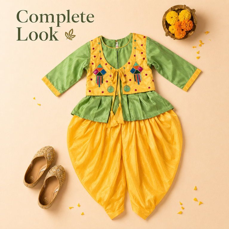 Girls Festive Dhoti Kurta Set with Embroidered Jacket – Traditional Ethnic Wear for Kids