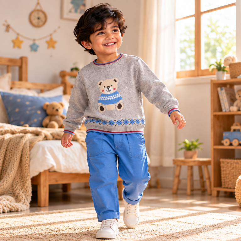Grey Teddy Bear Sweater & Blue Pants Set for Boys | Cute Winter Kids Outfit
