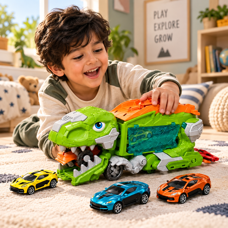 Dinosaur Car Carrier Toy with Mini Cars and Launch Track