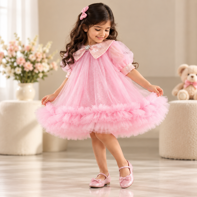 Pink Glitter Party Dress | Sequin Collar & Tulle Frock