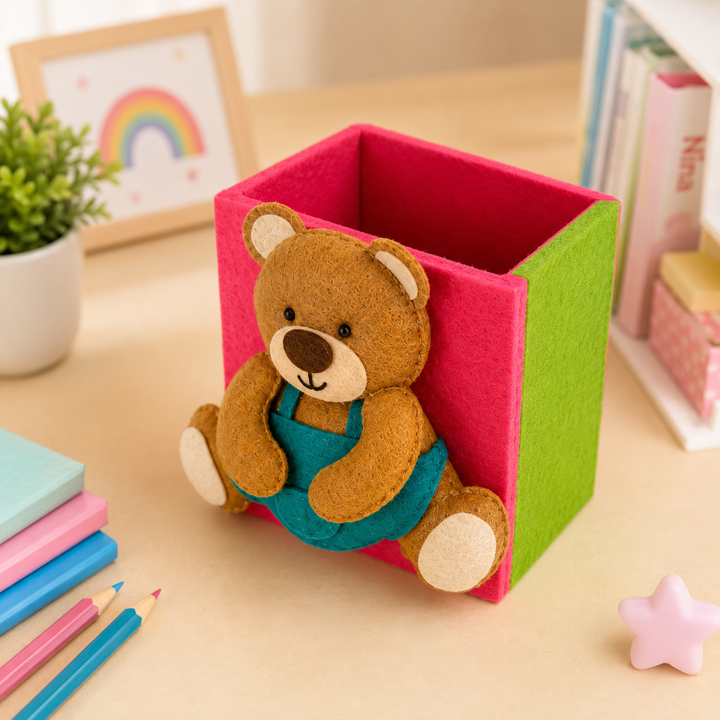 Handmade Teddy Bear Felt Pen Holder &amp; Desk Organizer for Kids | Cute Stationery Storage Box | Pencil Stand for Study Table