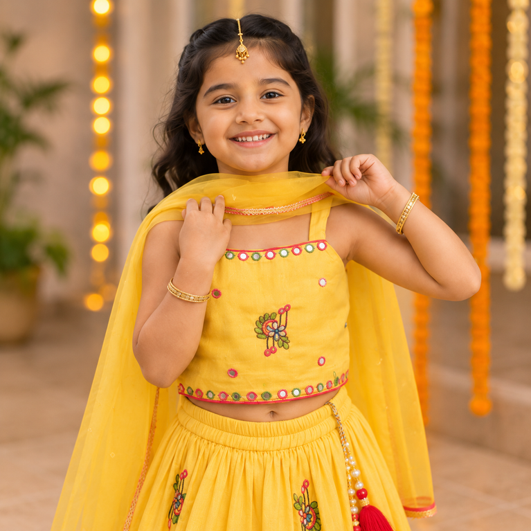 Yellow Embroidered Lehenga Choli with Dupatta | Kids Ethnic Wear