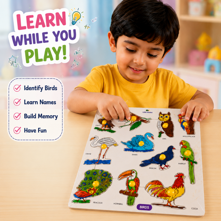 Wooden Birds Puzzle Board for Kids | Bird Identification & Montessori Educational Learning Toy