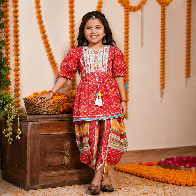 Krazy Girls Dhoti Style Peplum Red Kurti with Multicolor Digital Print and Mirror work
