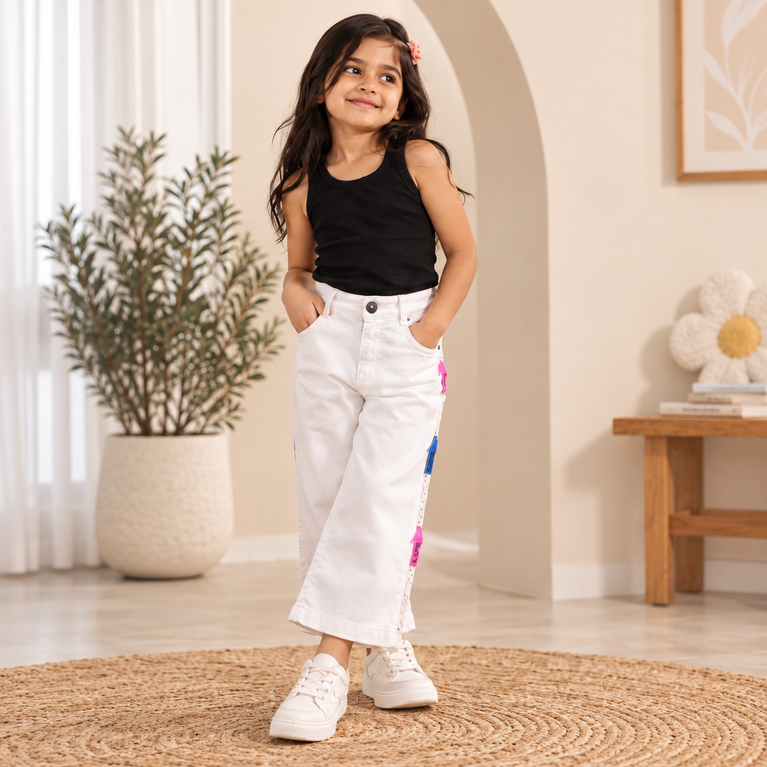 White Wide-Leg Jeans for Girls with Colourful Arrow Details