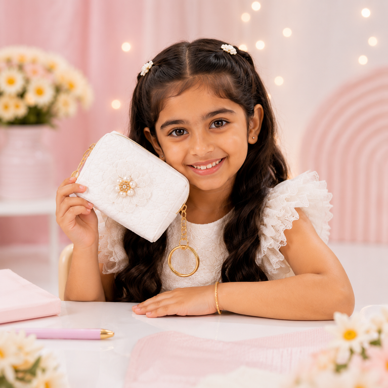 Floral Quilted Coin Purse Girls | Mini Zipper Wallet with Pearl Flower Charm, Keychain Ring | Cute Cash, Coin & Earbuds Pouch (Multi-Color)