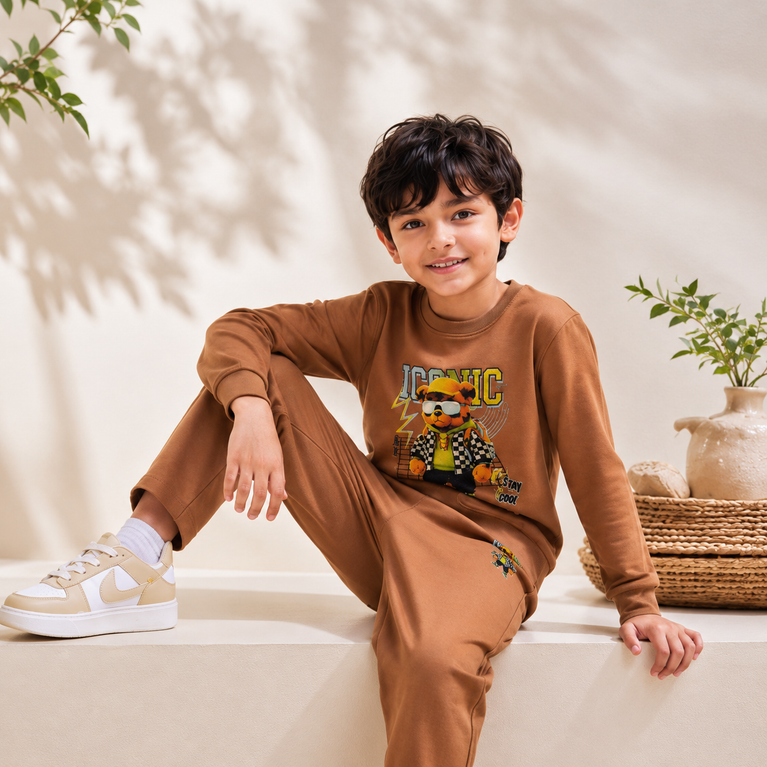 Cotton Lycra Co-Ord Clothing Set | Full Sleeve Graphic Sweatshirt & Jogger Pants | Soft Casual Winter Outfit for Boys