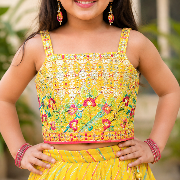 Yellow Embroidered Lehenga Choli Set | Floral Mirror Work Festive Ethnic Wear for Kids | Wedding, Haldi &amp; Festival Outfit