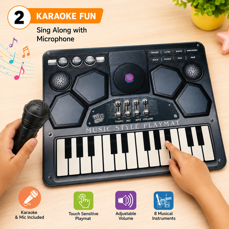 Musical Piano Playmat with Microphone | Touch-Sensitive Music Mat | Electronic Keyboard & Drum Play Mat
