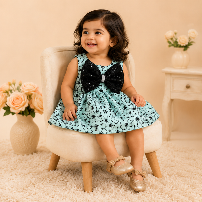 Mint Green Floral Party Dress with Black Sequin Bow | Kids Festive & Birthday Dress