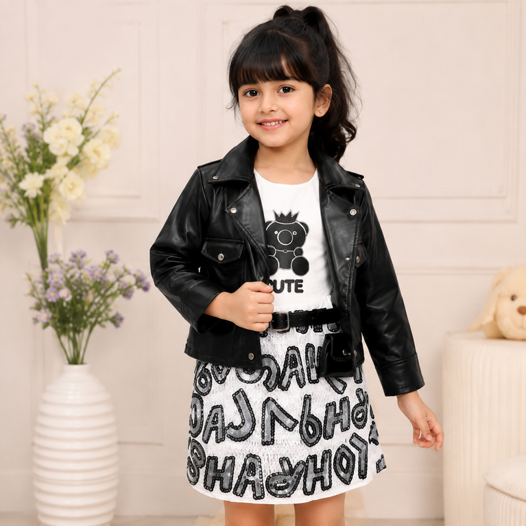 Girls White Teddy Graphic Dress with Black Jacket