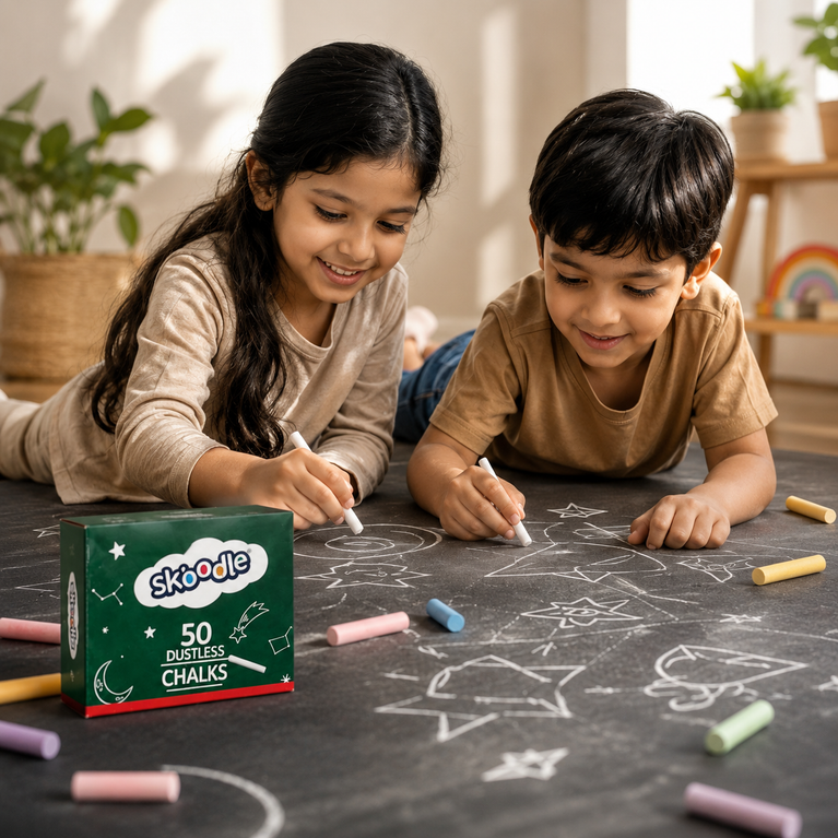 Skoodle Dustless White Chalks for Kids & Classrooms – Set of 50 Smooth Writing Chalk Sticks, Low Dust Formula for School, Home & Art Activities