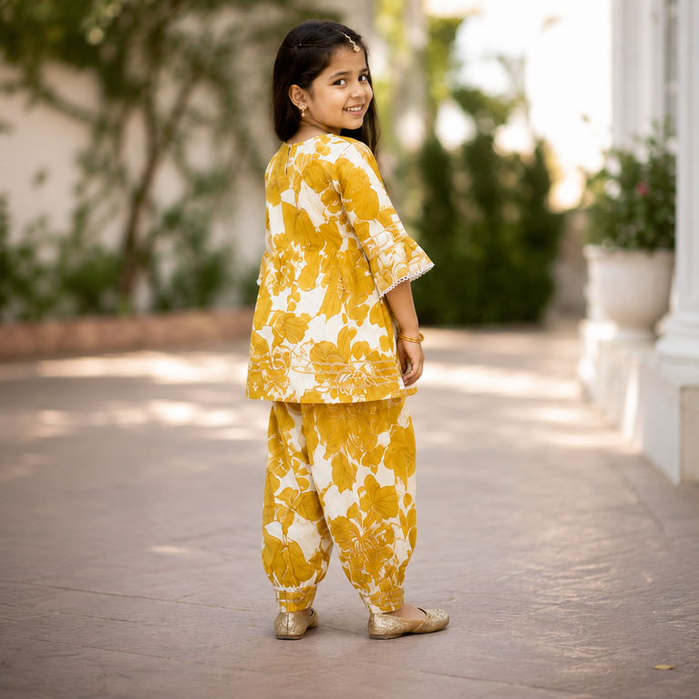 Mustard Floral Printed Kurti with Dhoti Pants Set | Embroidered Ethnic Co-ord Outfit for Kids | Festive Traditional Wear