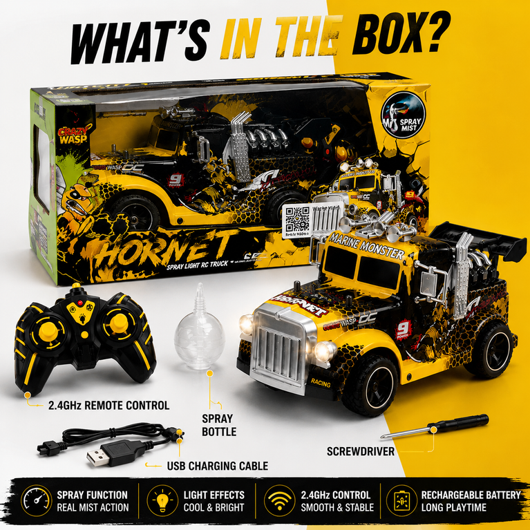 Hornet RC Spray Light Truck with 2.4GHz Remote Control, LED Lights &amp; Mist Spray – Rechargeable Racing Toy for Kids