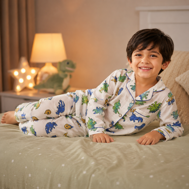 Dinosaur Print Cotton Night Suit Set with Full Sleeve Shirt &amp; Pajama | White