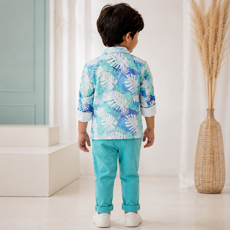 Blue & Aqua Printed Blazer Set | Stylish Kids Party Wear