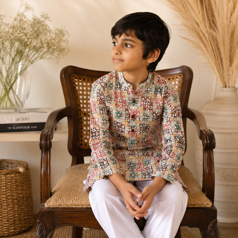 Multicolor Patchwork Print Mandarin Collar Kurta with Denim Pants Set
