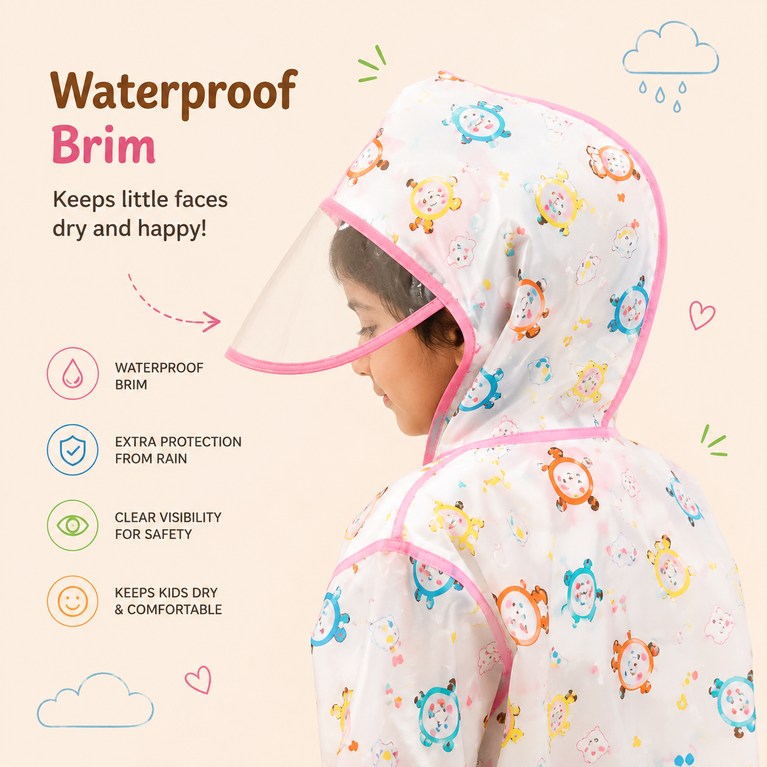 Kids Waterproof PVC Hooded Raincoat with Transparent Brim | Cartoon Print Lightweight Rain Wear for Boys & Girls | White & Pink
