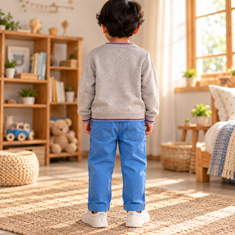 Grey Teddy Bear Sweater & Blue Pants Set for Boys | Cute Winter Kids Outfit