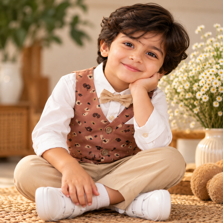 Printed Waistcoat, White Shirt & Beige Pants Set for Boys | Kids Party Outfit