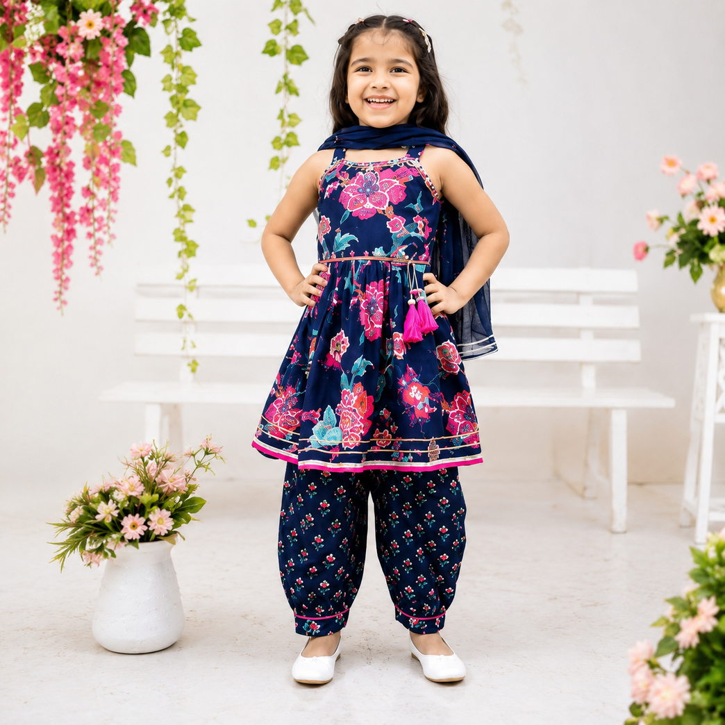 Navy Blue Floral Printed Kurti with Dhoti Pants &amp; Dupatta Set | Kids Ethnic Festive Wear | Traditional Co-ord Outfit