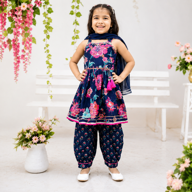 Navy Blue Floral Printed Kurti with Dhoti Pants &amp; Dupatta Set | Kids Ethnic Festive Wear | Traditional Co-ord Outfit