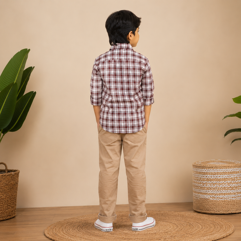Boys Classic Checkered Full Sleeve Cotton Shirt – Maroon & White Plaid Casual Shirt