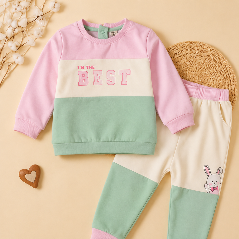 ToffyHouse 100% Cotton Knit Full Sleeves Text & Bunny Printed T-Shirt & Lounge Pants Set - Pink & Mint