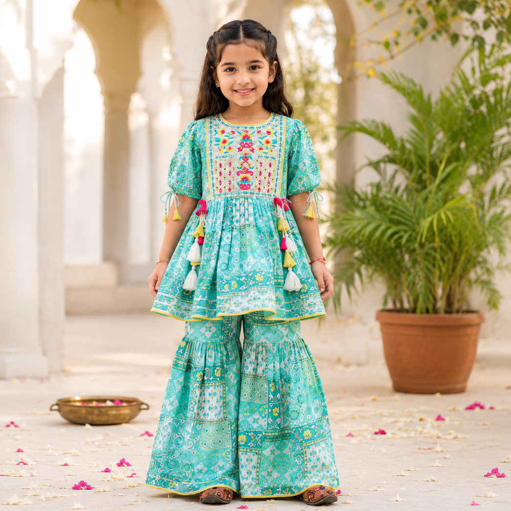 Krazy Girls Embroidery and Mirror work with Digital Print Peplum Top and Sharara Set