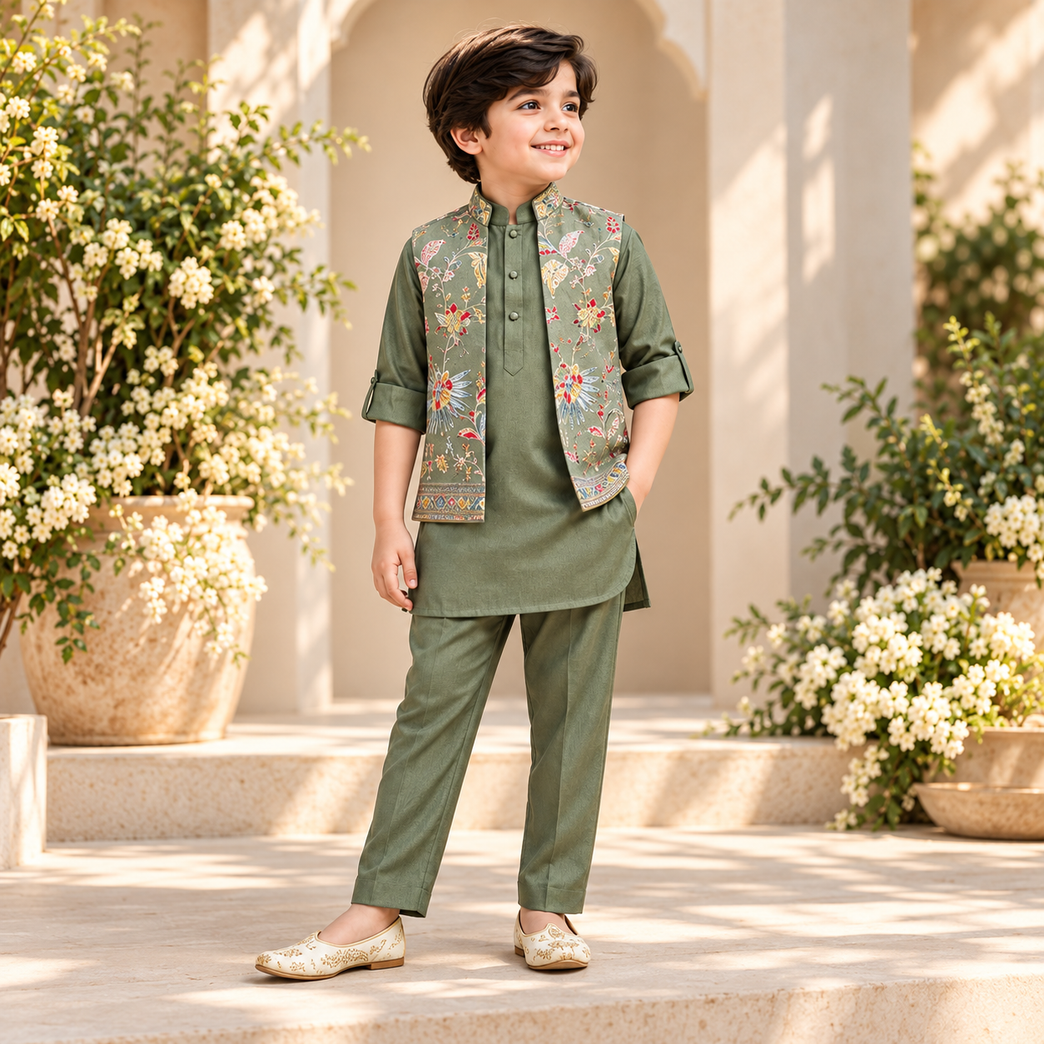 Boys Full Sleeves Ethnic Green Embroidered Bandi Kurta Set For Kids