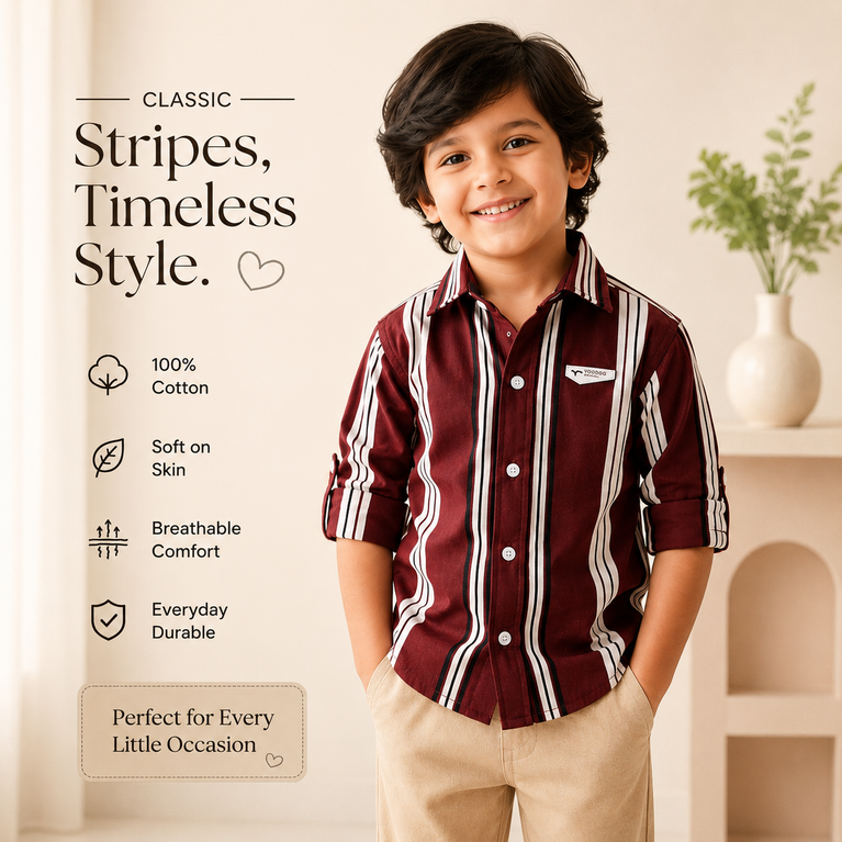 Boys  Vertical Stripe Cotton Shirt – Full Sleeves Smart Casual Shirt for Kids